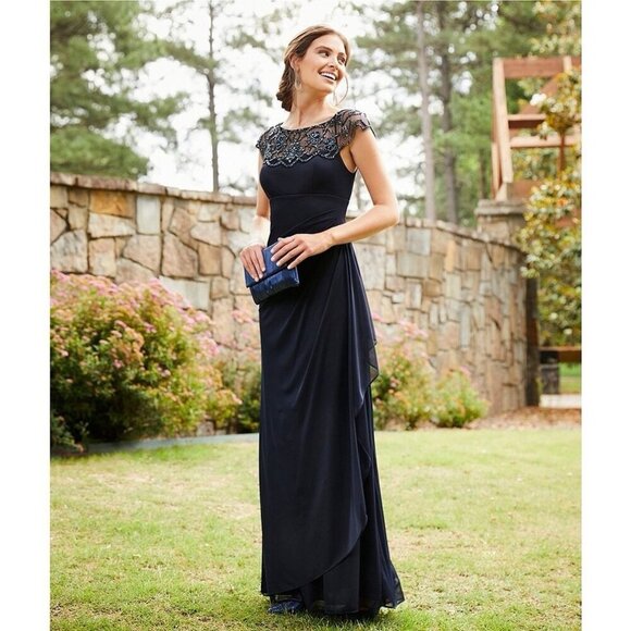 Xscape Womens Size 8 Navy Blue Ruched Embellished Formal Evening Dress Gown New - Picture 1 of 13